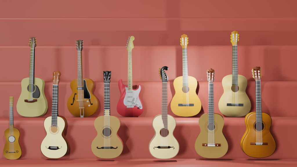 Storia della chitarra con chitarre classiche, acustiche ed elettriche